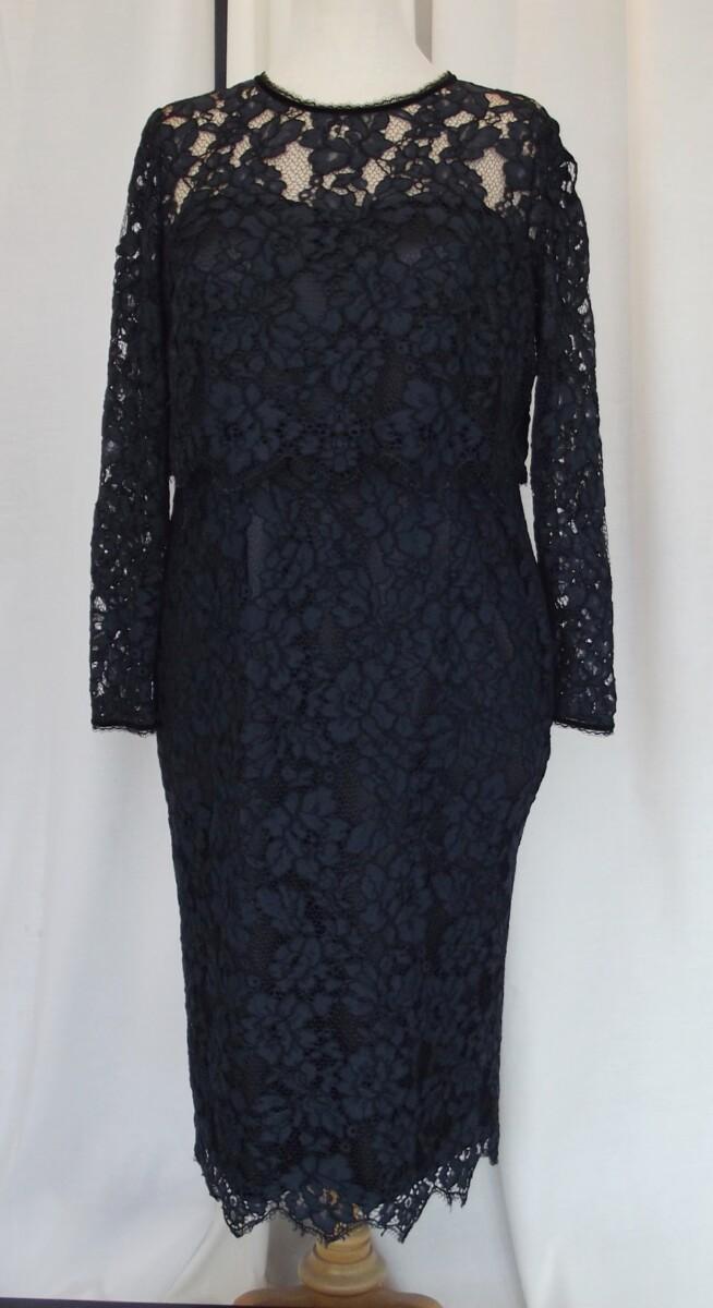 jacques vert BRAND NEW WITH TAGS JACQUES VERT COLLECTION NAVY ICONIC LACE FITTED DRESS WITH SHEER LACE LONG SLEEVES & LOOSE BODICE