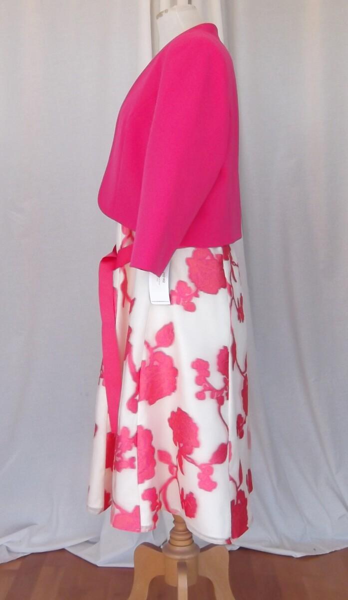 Jacques Vert BRAND NEW WITH TAGS JACQUES VERT “COLLECTION ” PROM DRESS EMROIDERERED PATTERN IN PINK ON IVORY MUSLIN & PINK CREPE SHORT JACKET