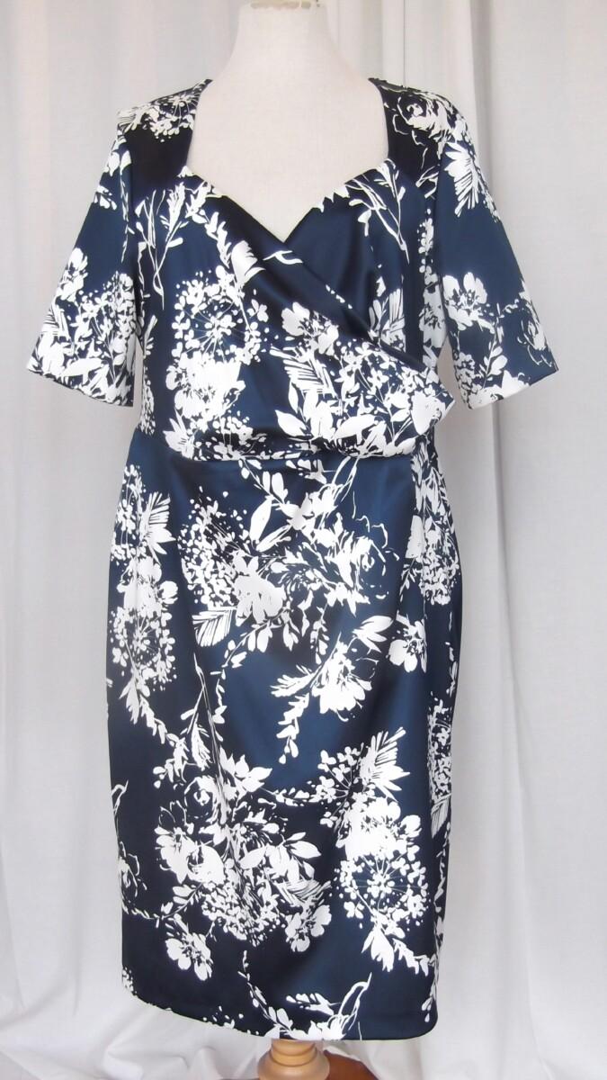 jacques vert BRAND NEW WITH TAGS JACQUES VERT COLLECTION SHORT SLEEVED NAVY SATEEN SHIFT DRESS IVORY SHADOW PRINT CROSS OVER BODICE