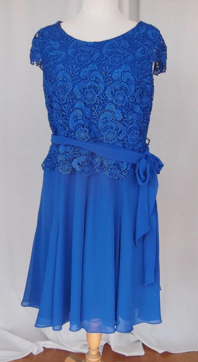 jacques vert BRAND NEW WITH TAGS PETITE SIZED ROYAL BLUE FIT & FLARE DRESS OPULENT LACE LOOSE BODICE CREPE CHIFFON 8 GORED SKIRT & OPTIONAL CHIFFON SASH