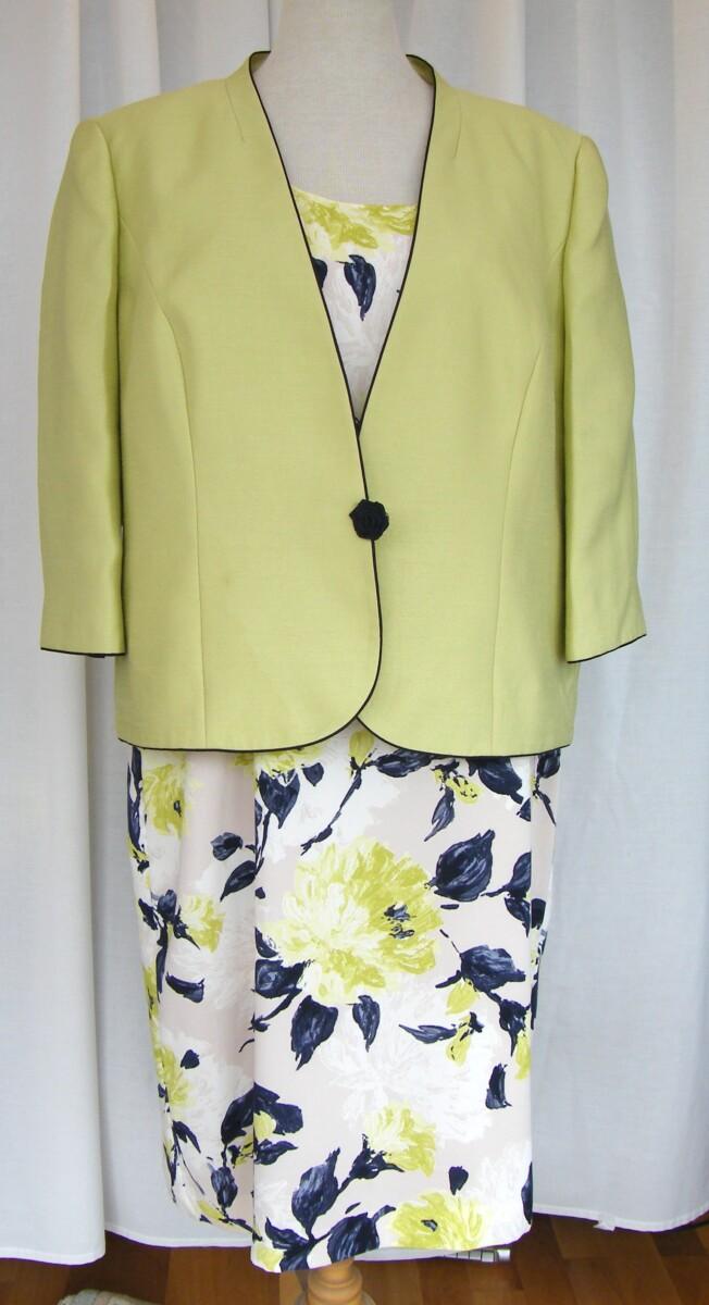 jacques vert BRIGHT & BREEZY RANGE IVORY FITTED DRESS LIME & NAVY PRINT & LIME ZEST JACKET WITH NAVY DETAIL