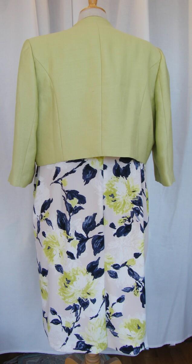 Jacques Vert BRIGHT & BREEZY RANGE IVORY FITTED DRESS LIME ZEST & NAVY PRINT & LIME ZEST SHORT JACKET WITH NAVY PIPEING