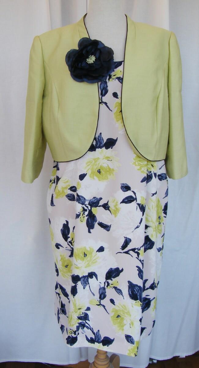 jacques vert BRIGHT & BREEZY RANGE IVORY FITTED DRESS LIME ZEST & NAVY PRINT & LIME ZEST SHORT JACKET WITH NAVY PIPEING