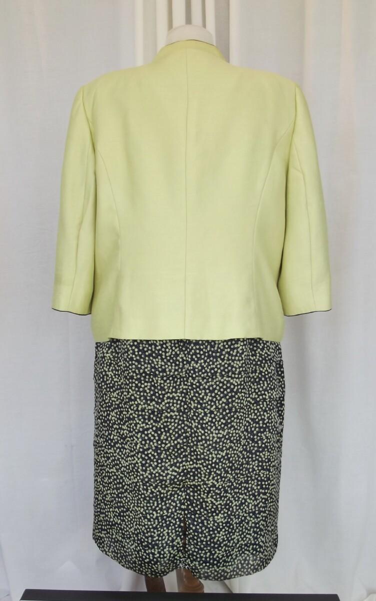 Jacques Vert BRIGHT & BREEZY RANGE SHUTTERPLEAT NAVY CHIFFON DRESS LIME “ZEST” SPOTS LIME JACKET WITH NAVY DETAIL