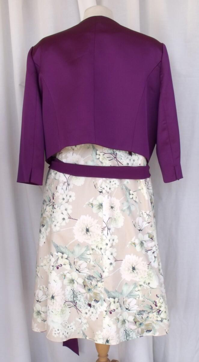 Jacques Vert BRIGHT GARDEN RANGE FIT & FLARE DRESS IN BEIGE COTTON LIKE FABRIC SPRING FLORAL PRINT & PURPLE SATEEN JACKET