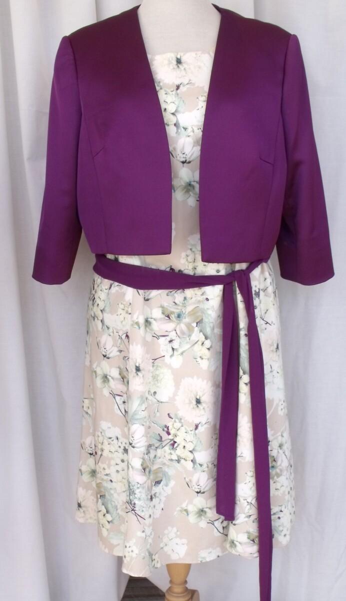 jacques vert BRIGHT GARDEN RANGE FIT & FLARE DRESS IN BEIGE COTTON LIKE FABRIC SPRING FLORAL PRINT & PURPLE SATEEN JACKET