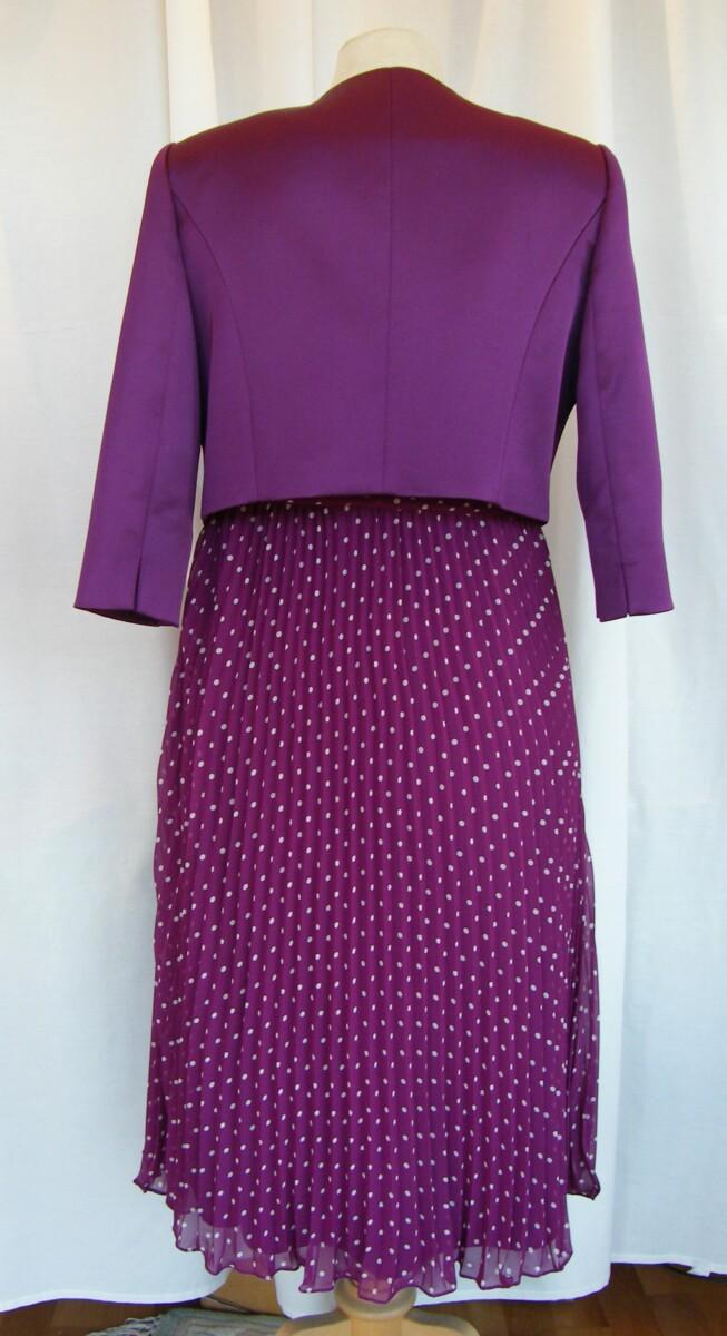 Jacques Vert BRIGHT GARDEN RANGE MARILYN FAUX CROSS BODICE IVORY SPOT PRINT DRESS IN PLEATED PURPLE CHIFFON & PURPLE SATEEN JACKET