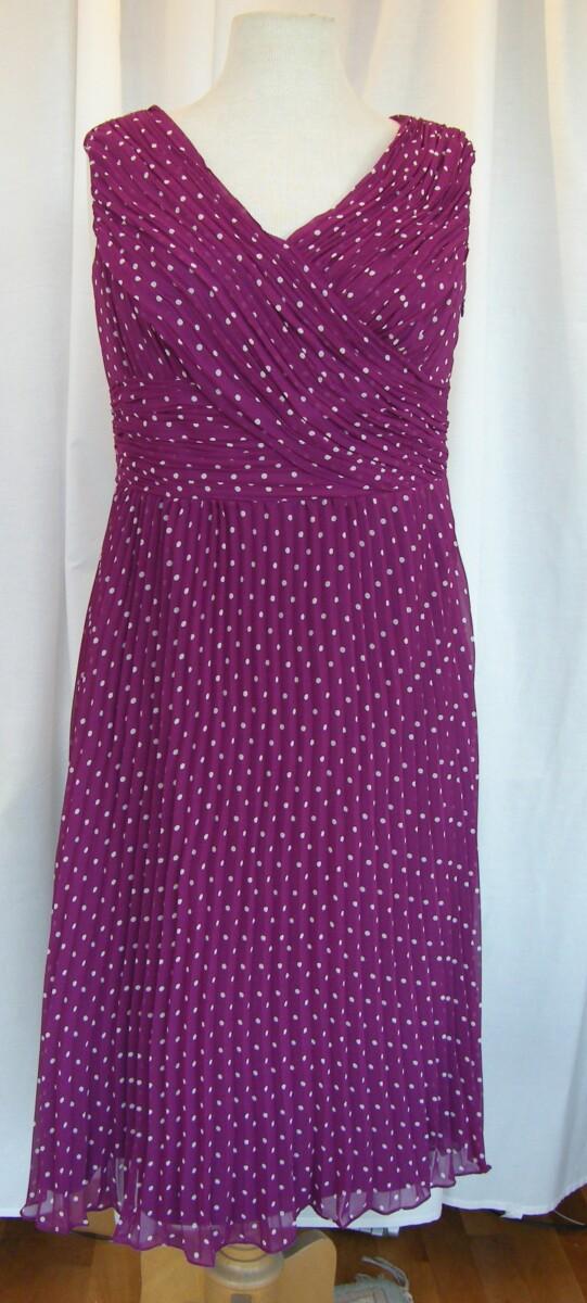 Jacques Vert BRIGHT GARDEN RANGE MARILYN FAUX CROSS BODICE IVORY SPOT PRINT DRESS IN PLEATED PURPLE CHIFFON & PURPLE SATEEN JACKET