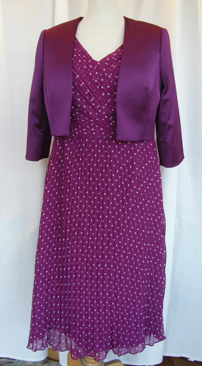 jacques vert BRIGHT GARDEN RANGE MARILYN FAUX CROSS BODICE IVORY SPOT PRINT DRESS IN PLEATED PURPLE CHIFFON & PURPLE SATEEN JACKET