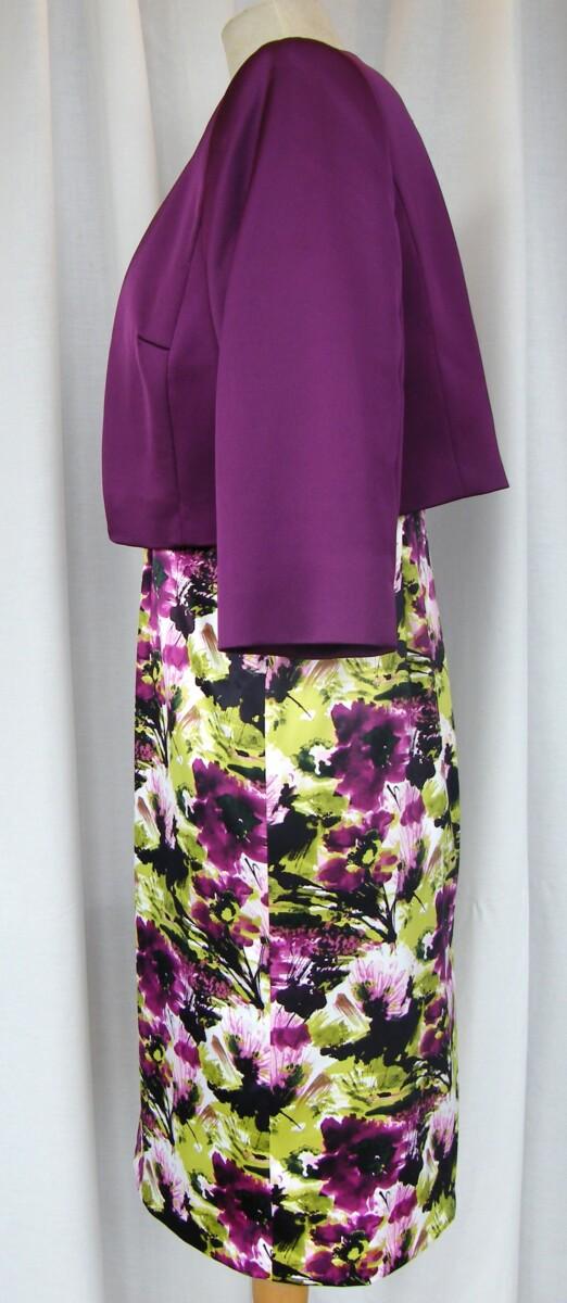 Jacques Vert BRIGHT GARDEN RANGE SATIN SHIFT DRESS IN PURPLE & GREEN FLORAL PRINT & PURPLE SATEEN JACKET