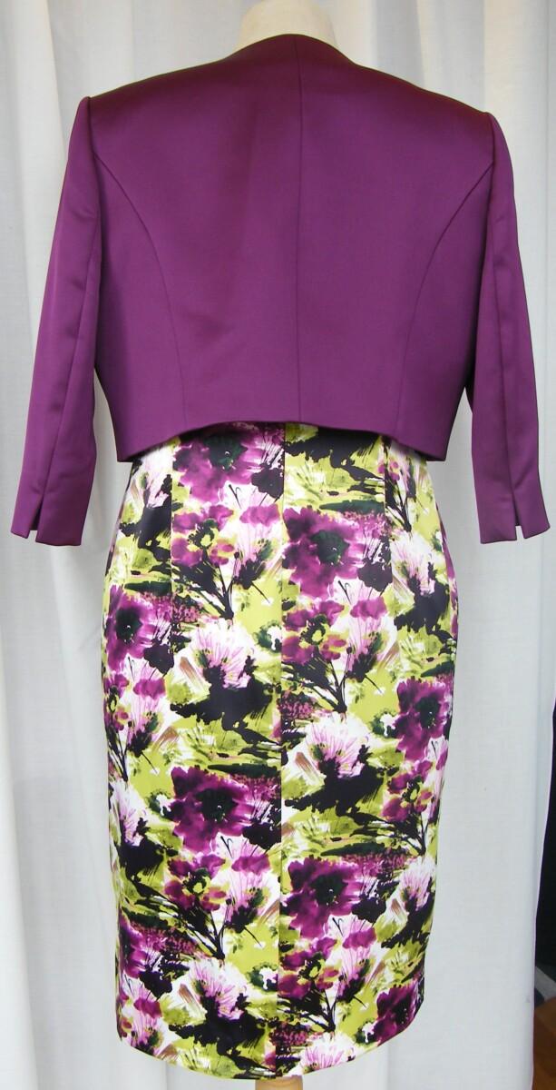 Jacques Vert BRIGHT GARDEN RANGE SATIN SHIFT DRESS IN PURPLE & GREEN FLORAL PRINT & PURPLE SATEEN JACKET