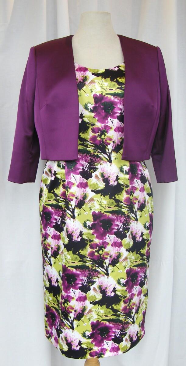 jacques vert BRIGHT GARDEN RANGE SATIN SHIFT DRESS IN PURPLE & GREEN FLORAL PRINT & PURPLE SATEEN JACKET
