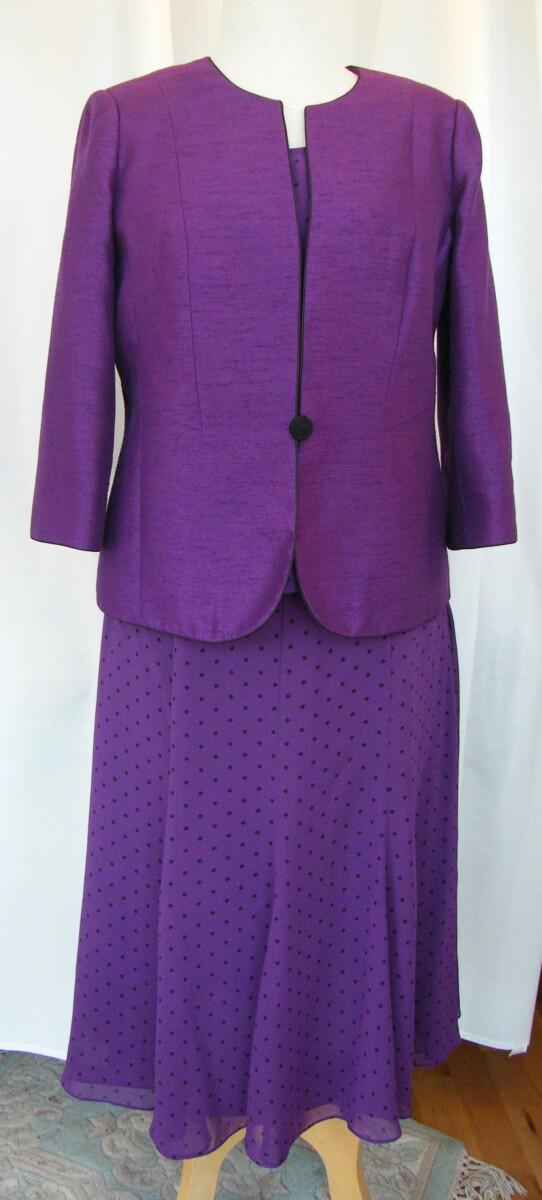 jacques vert BYZANTIUM RANGE PURPLE CHIFFON BLACK SPOT PRINT SKIRT & TOP & MATCHING PURPLE JACKET