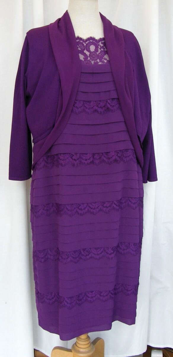 jacques vert BYZANTIUM RANGE PURPLE CHIFFON LACE & SHUTTER PLEAT DRESS MATCHING PURPLE KNITTED & CHIFFON SHRUG