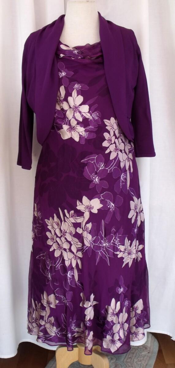 jacques vert BYZANTIUM RANGE PURPLE & GOLD SILK DEVORE DRESS MATCHING KNITTED PURPLE CARDIGAN