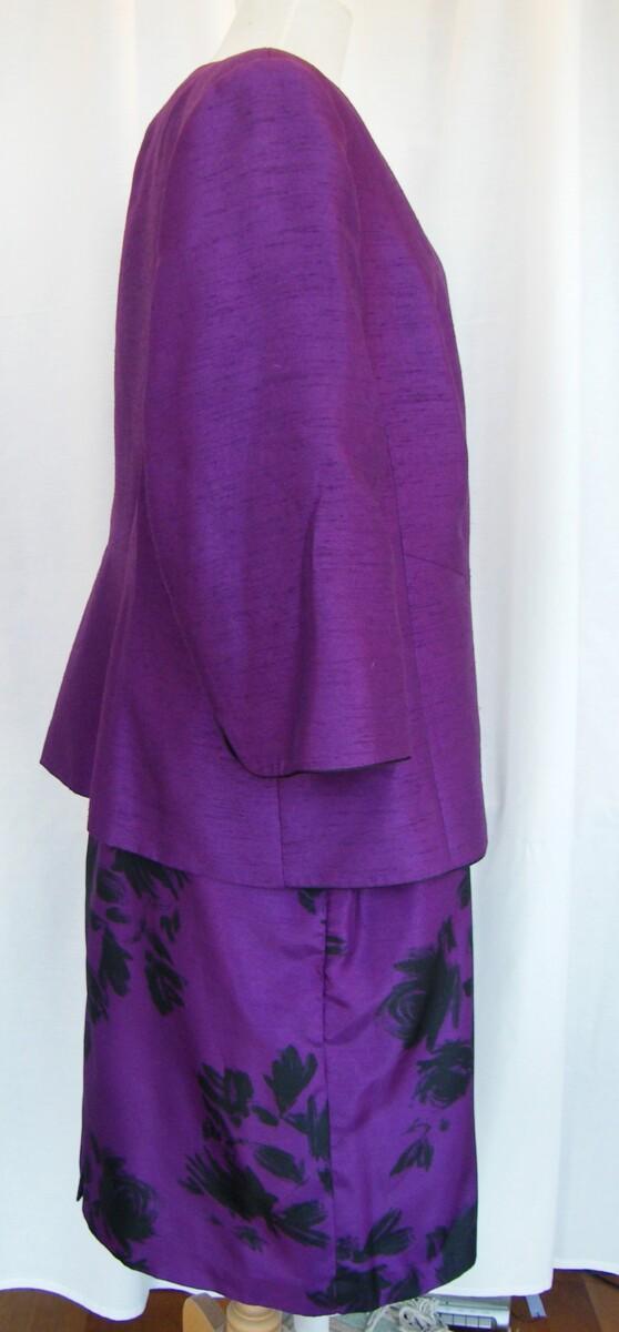 Jacques Vert BYZANTIUM RANGE PURPLE SHANTUNG SHIFT DRESS BLACK SHADOW PRINT MATCHING PURPLE JACKET BLACK PIPING