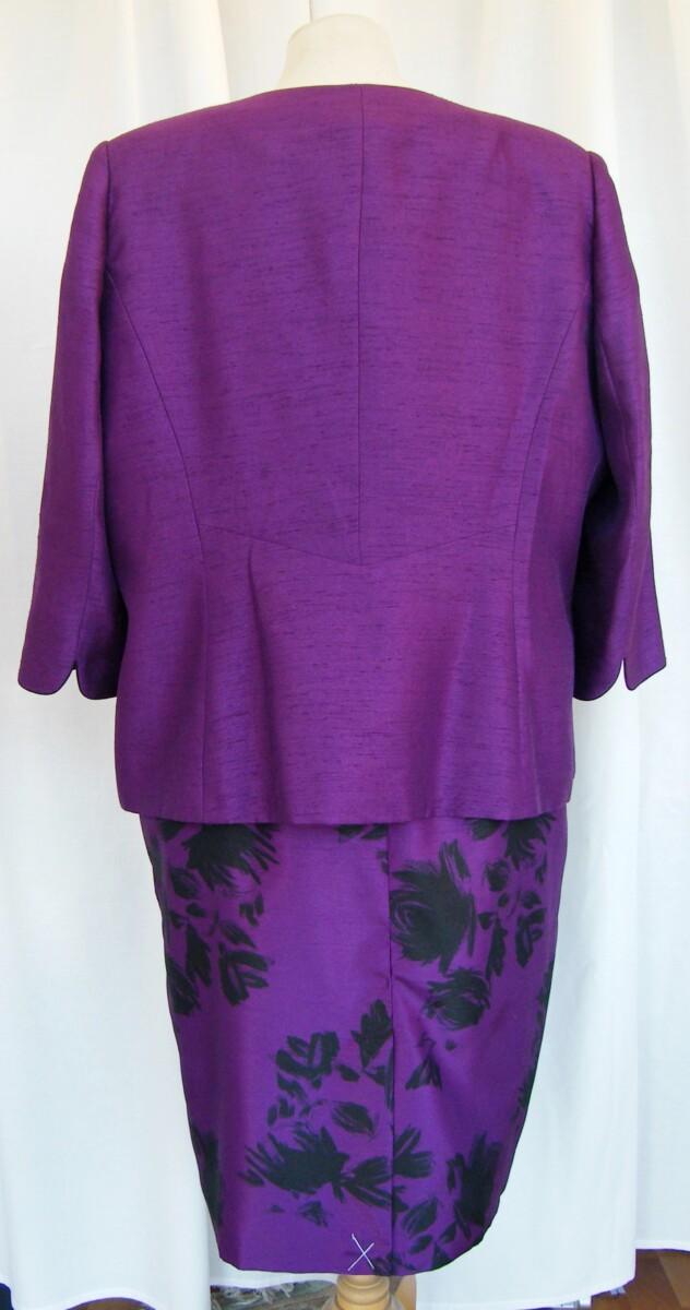 Jacques Vert BYZANTIUM RANGE PURPLE SHANTUNG SHIFT DRESS BLACK SHADOW PRINT MATCHING PURPLE JACKET BLACK PIPING