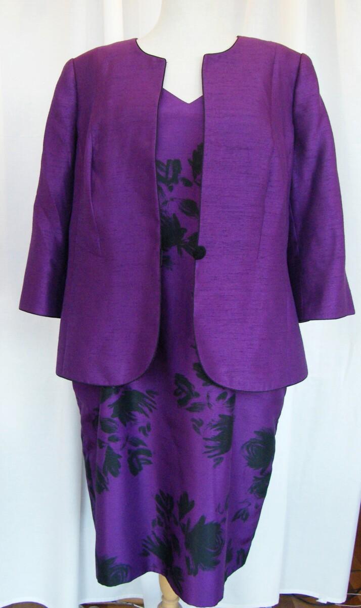 jacques vert BYZANTIUM RANGE PURPLE SHANTUNG SHIFT DRESS BLACK SHADOW PRINT MATCHING PURPLE JACKET BLACK PIPING