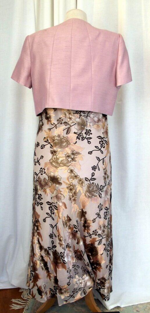 Jacques Vert CAFE SOCIETY RANGE 16% SILK DEVORE MAXI DRESS ESPRESSO COFFEE & GOLD PRINT & ICED PINK BOLERO