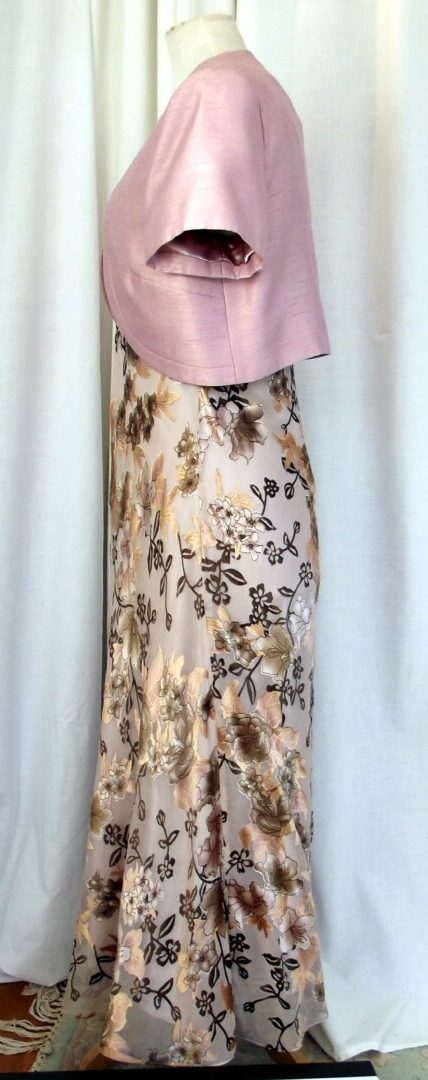 Jacques Vert CAFE SOCIETY RANGE 16% SILK DEVORE MAXI DRESS ESPRESSO COFFEE & GOLD PRINT & ICED PINK BOLERO