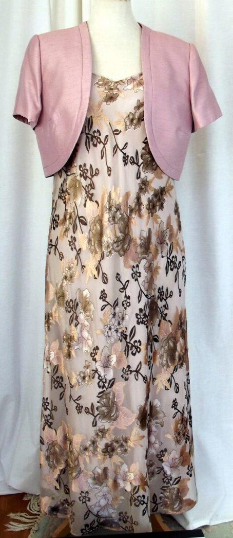 jacques vert CAFE SOCIETY RANGE 16% SILK DEVORE MAXI DRESS ESPRESSO COFFEE & GOLD PRINT & ICED PINK BOLERO