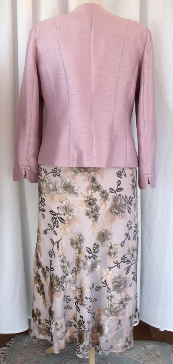 Jacques Vert CAFE SOCIETY RANGE 16% SILK DEVORE MAXI DRESS IN SHADES OF LIGHT & DARK COFFEE & ICED PINK JACKET
