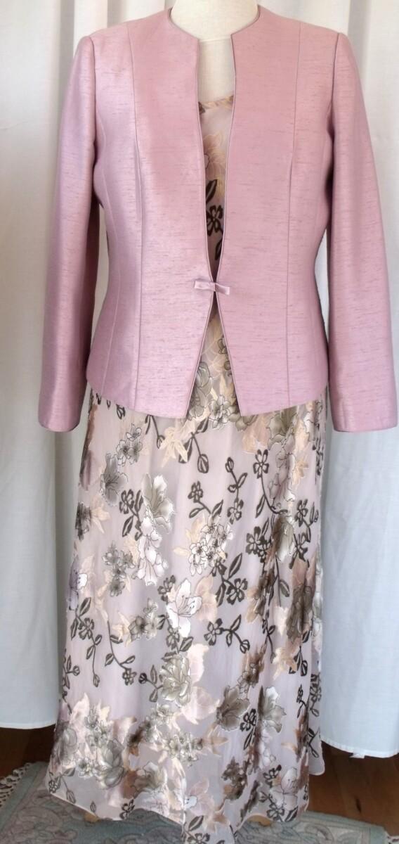 jacques vert CAFE SOCIETY RANGE 16% SILK DEVORE MAXI DRESS IN SHADES OF LIGHT & DARK COFFEE & ICED PINK JACKET