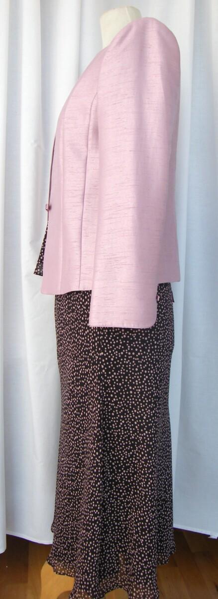 Jacques Vert CAFE SOCIETY RANGE DARK COFFEE CREPE CHIFFON SKIRT & TOP ICED PINK SPOTS & ICED PINK JACKET