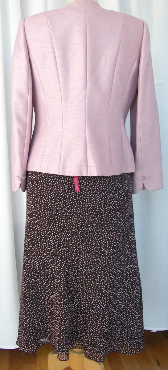 Jacques Vert CAFE SOCIETY RANGE DARK COFFEE CREPE CHIFFON SKIRT & TOP ICED PINK SPOTS & ICED PINK JACKET