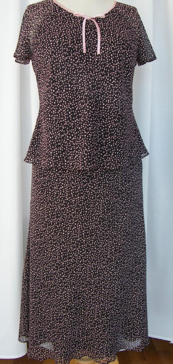 Jacques Vert CAFE SOCIETY RANGE DARK COFFEE CREPE CHIFFON SKIRT & TOP ICED PINK SPOTS & ICED PINK JACKET