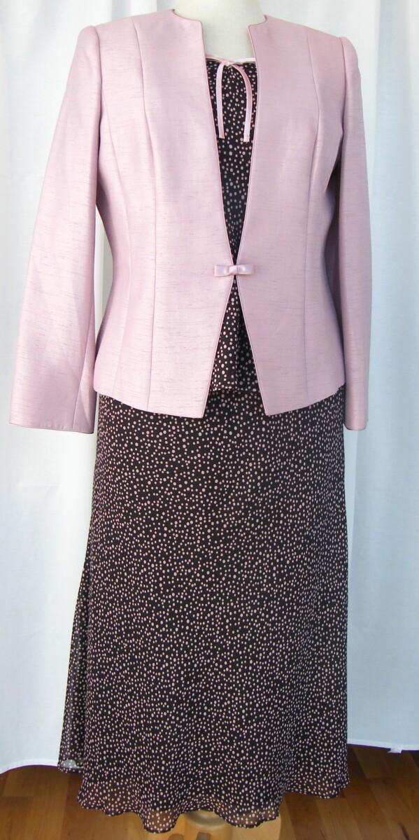 jacques vert CAFE SOCIETY RANGE DARK COFFEE CREPE CHIFFON SKIRT & TOP ICED PINK SPOTS & ICED PINK JACKET