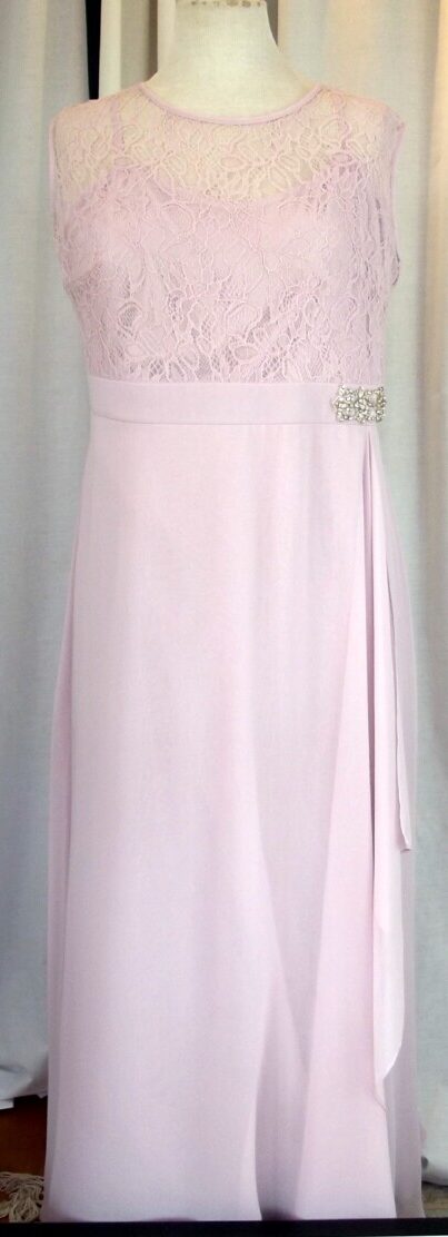 jacques vert CLOVER PINK FLOOR LENGTH EVENING GOWN SHEER LACE BODICE MODESTY VEST CHIFFON SKIRT BEADED AT WAIST BAND