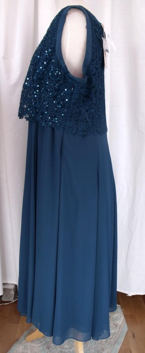 Jacques Vert COCKTAIL DRESS OF TEAL / DEEP TURQUOISE BLUE CHIFFON LOOSE LACE BODICE SEQUINNED & BEADED ON FRONT