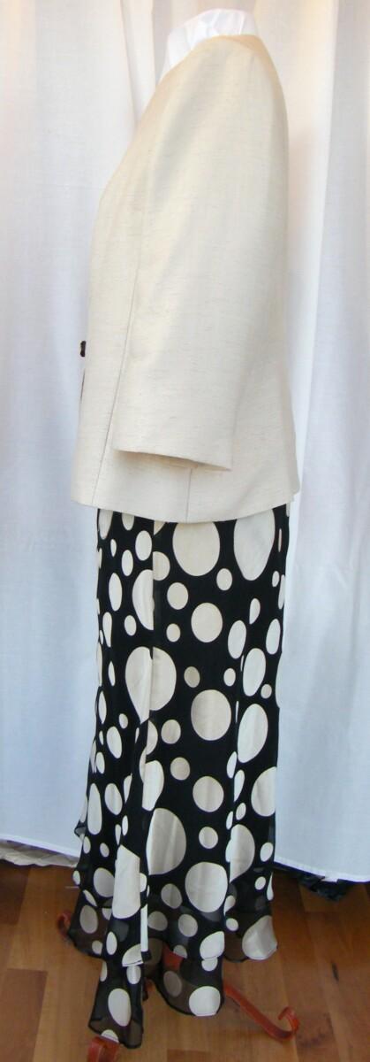 Jacques Vert COCKTAIL HOUR BLACK DEVORE SKIRT & TOP GOLD SPOT PRINT OF VARIOUS SIZES. PALE GOLD WOVEN JACKET EDGED IN BLACK