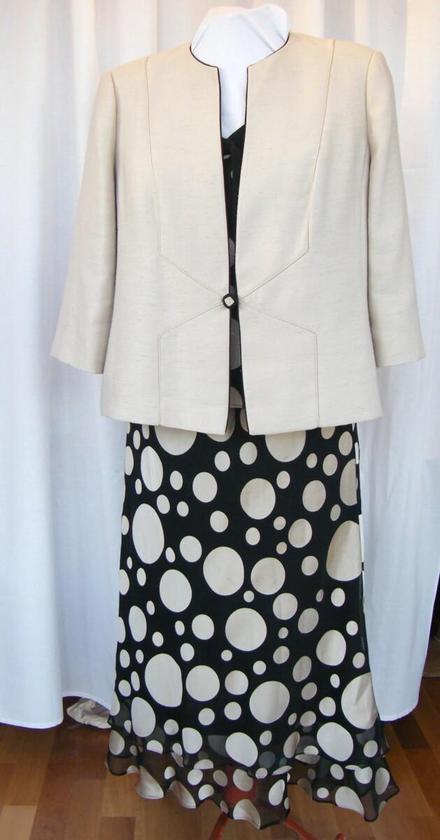 jacques vert COCKTAIL HOUR BLACK DEVORE SKIRT & TOP GOLD SPOT PRINT OF VARIOUS SIZES. PALE GOLD WOVEN JACKET EDGED IN BLACK