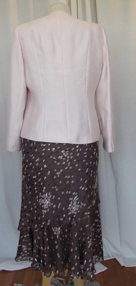 Jacques Vert COFFEE & PEACH RANGE COFFEE SILK DEVORE DRESS RANDOM SPOTS PEACH JACKET EDGED IN LACE
