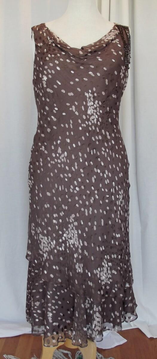 Jacques Vert COFFEE & PEACH RANGE COFFEE SILK DEVORE DRESS RANDOM SPOTS PEACH JACKET EDGED IN LACE