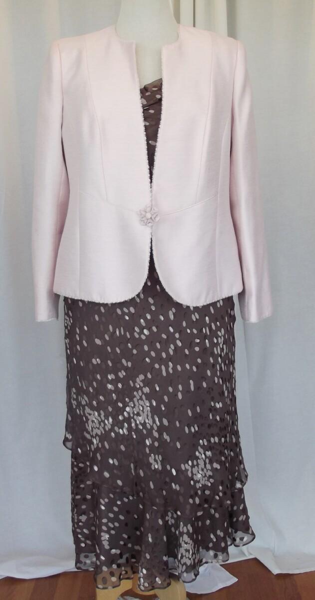 jacques vert COFFEE & PEACH RANGE COFFEE SILK DEVORE DRESS RANDOM SPOTS PEACH JACKET EDGED IN LACE