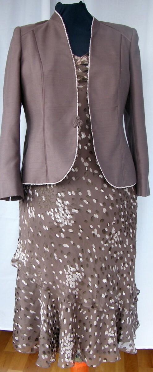 jacques vert COFFEE & PEACH RANGE COFFEE SILK DEVORE DRESS RANDOM SPOTS COFFEE WOVEN JACKET EDGED IN LACE