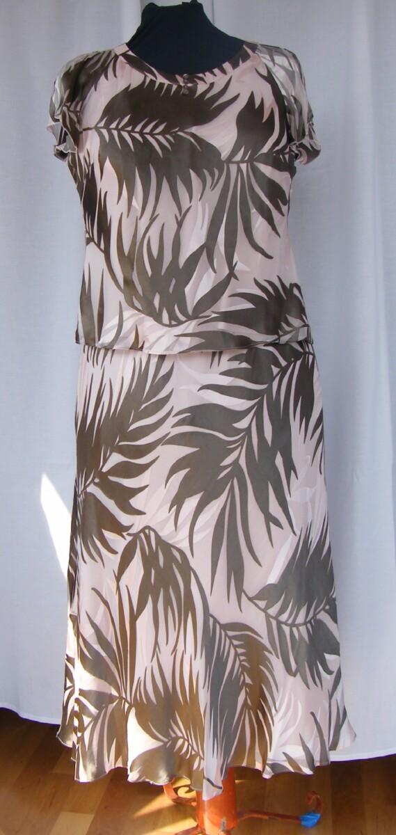 Jacques Vert COFFEE & PEACH RANGE PEACH SILK DEVORE COFFEE FERN LEAF PRINT SKIRT & TOP PEACH JACKET EDGED IN PEACH LACE