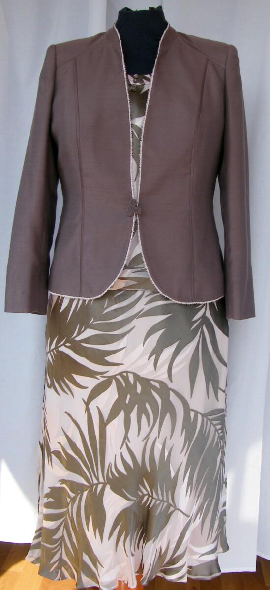 jacques vert COFFEE & PEACH RANGE PEACH SILK DEVORE COOFFEE FERN LEAF PRINT SKIRT & TOP COFFEE JACKET EDGED IN LACE