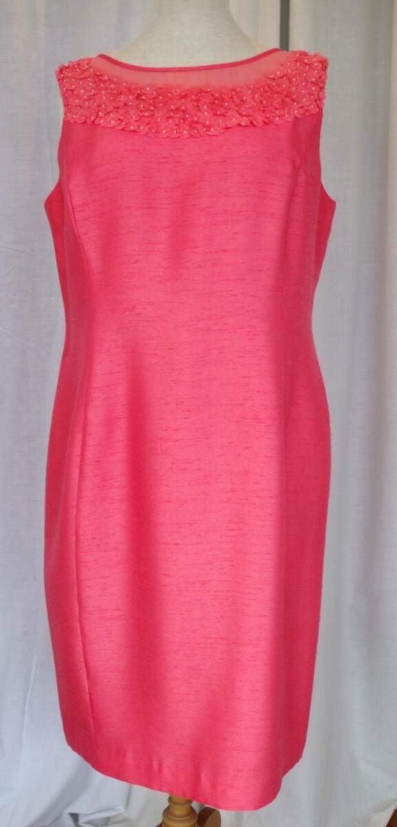 Jacques Vert CORAL SHANTUNG SHIFT DRESS TINY CORAL FLOWERHEADS ON NET ON NECKLINE & CORAL SHANTUNG SHORT JACKET