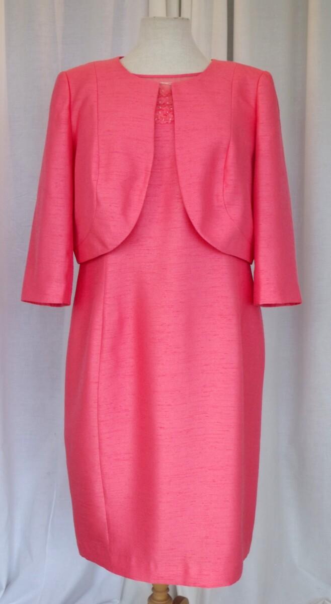 jacques vert CORAL SHANTUNG SHIFT DRESS TINY CORAL FLOWERHEADS ON NET ON NECKLINE & CORAL SHANTUNG SHORT JACKET