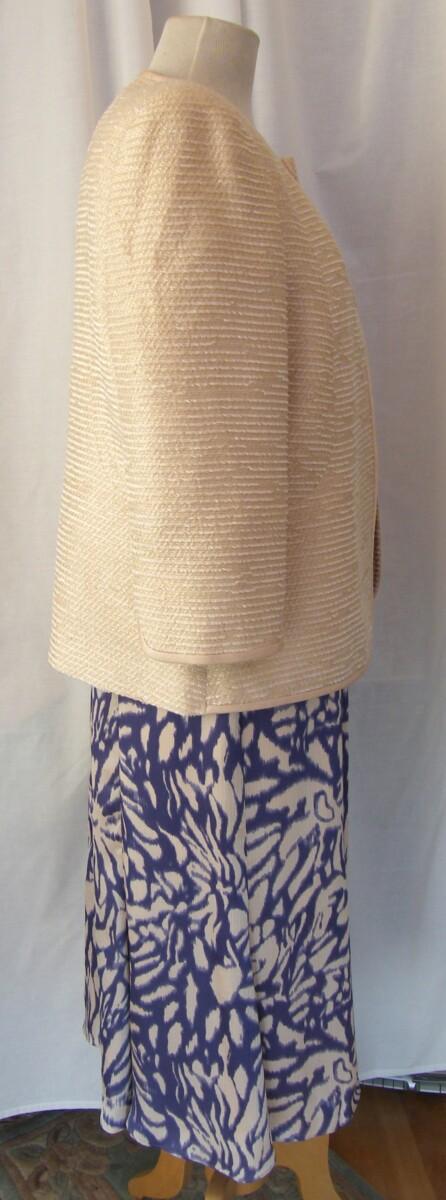 Jacques Vert CORNFLOWER & MAIZE RANGE DRESS OF ABSTRACT FLOWER HEAD PRINT IN CORNFLOWER BLUE ON MAIZE TEXTURED SILK LIKE FABRIC & MAIZE BOUCLE JACKET