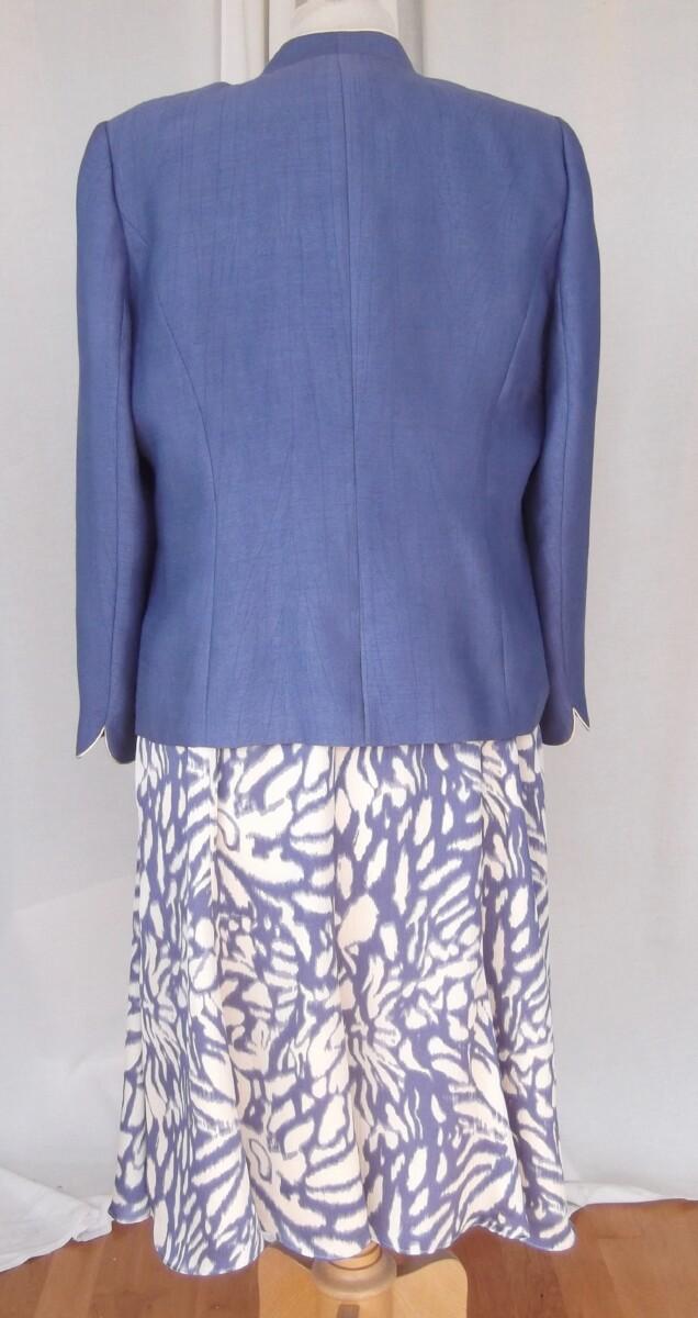 Jacques Vert CORNFLOWER & MAIZE RANGE DRESS OF ABSTRACT FLOWER HEAD PRINT IN CORNFLOWER BLUE ON MAIZE TEXTURED SILK LIKE FABRIC & CORNFLOWER BLUE SHANTUNG JACKET PIPED IN MAIZE