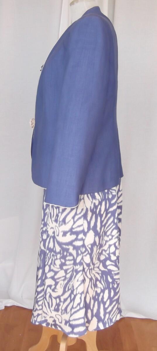 Jacques Vert CORNFLOWER & MAIZE RANGE DRESS OF ABSTRACT FLOWER HEAD PRINT IN CORNFLOWER BLUE ON MAIZE TEXTURED SILK LIKE FABRIC & CORNFLOWER BLUE SHANTUNG JACKET PIPED IN MAIZE