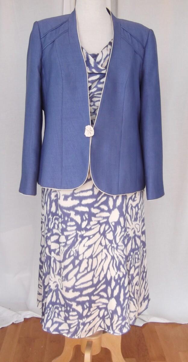 jacques vert CORNFLOWER & MAIZE RANGE DRESS OF ABSTRACT FLOWER HEAD PRINT IN CORNFLOWER BLUE ON MAIZE TEXTURED SILK LIKE FABRIC & CORNFLOWER BLUE SHANTUNG JACKET PIPED IN MAIZE