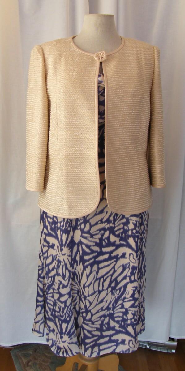 jacques vert CORNFLOWER & MAIZE RANGE DRESS OF ABSTRACT FLOWER HEAD PRINT IN CORNFLOWER BLUE ON MAIZE TEXTURED SILK LIKE FABRIC & MAIZE BOUCLE JACKET