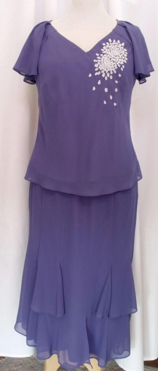 Jacques Vert CORNFLOWER & MAIZE RANGE VIOLET BLUE CHIFFON SKIRT & TOP MAIZE FLOWERHEAD EMBROIDERY & CORNFLOWER BLUE SHANTUNG JACKET PIPED IN MAIZE