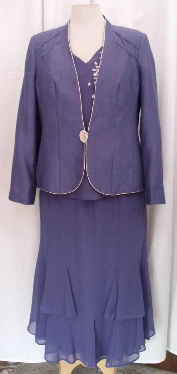 jacques vert CORNFLOWER & MAIZE RANGE VIOLET BLUE CHIFFON SKIRT & TOP MAIZE FLOWERHEAD EMBROIDERY & CORNFLOWER BLUE SHANTUNG JACKET PIPED IN MAIZE